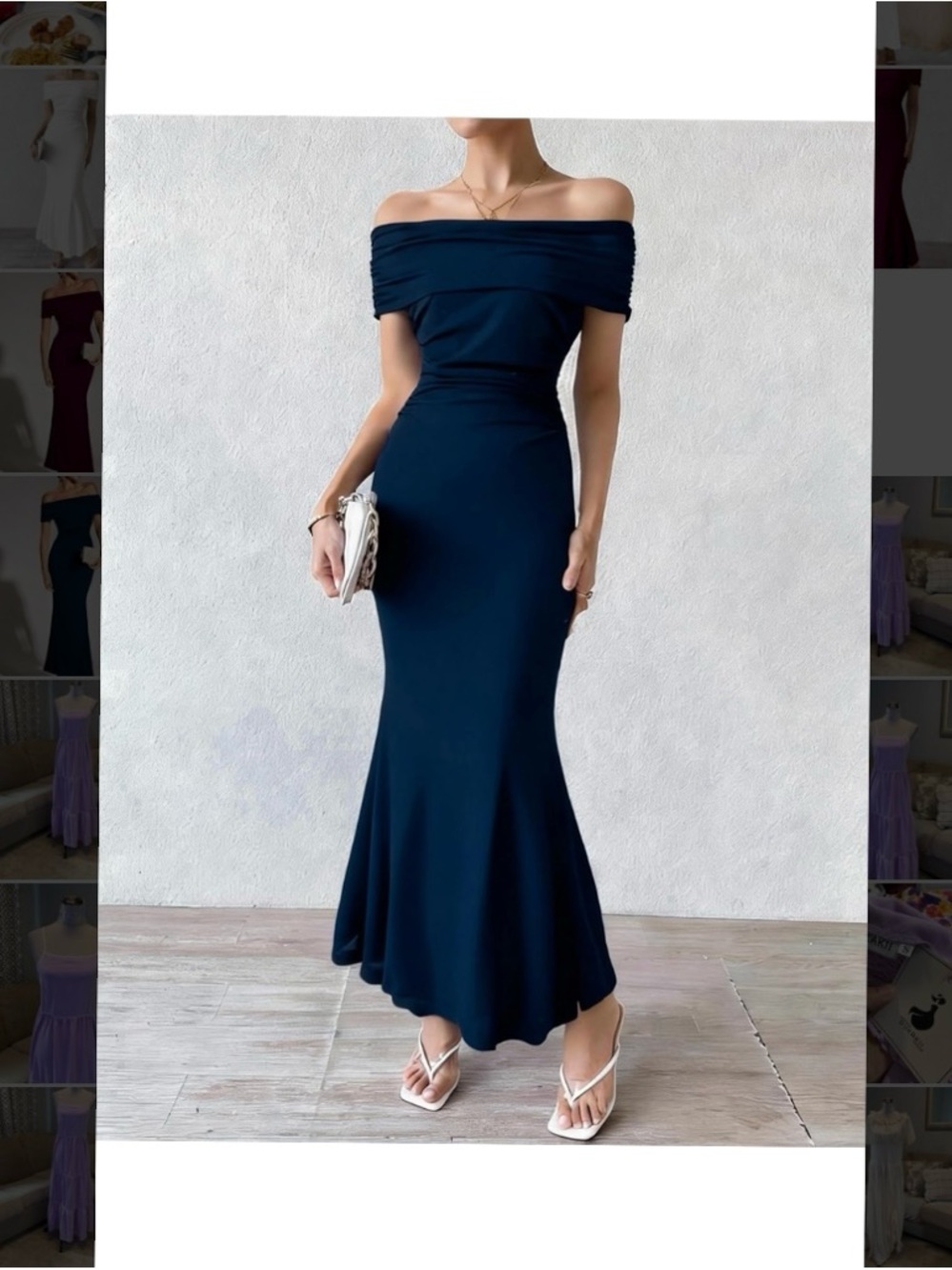 New Women Large Off The Shoulder Navy Blue Ruched Formal Dress
